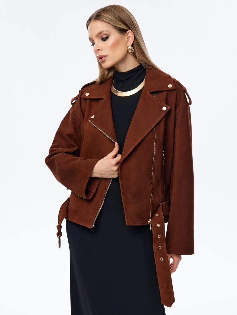 Короткая женская кожаная куртка косуха с поясом премиум класса 3052, виски, размер 46, артикул 23960-6