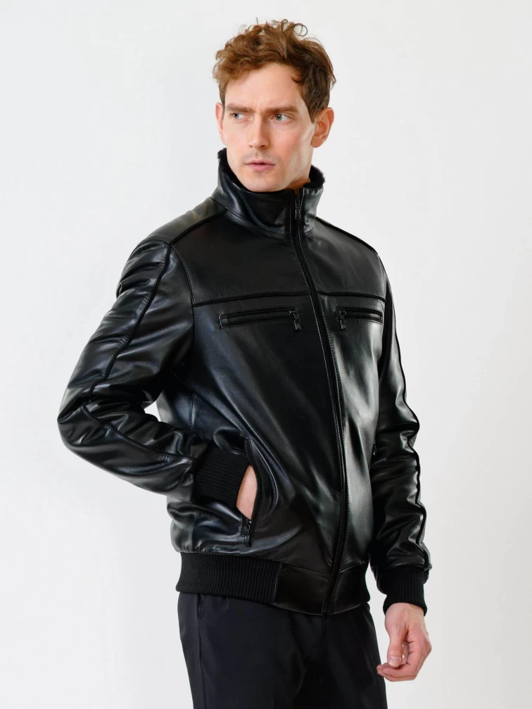 Мужская зимняя кожаная куртка на подстежке из овчины 515, черная, размер 50, артикул 40840-1