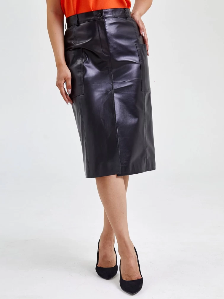 Кожаная юбка с разрезом 10, черная, размер 44, артикул 85580-1