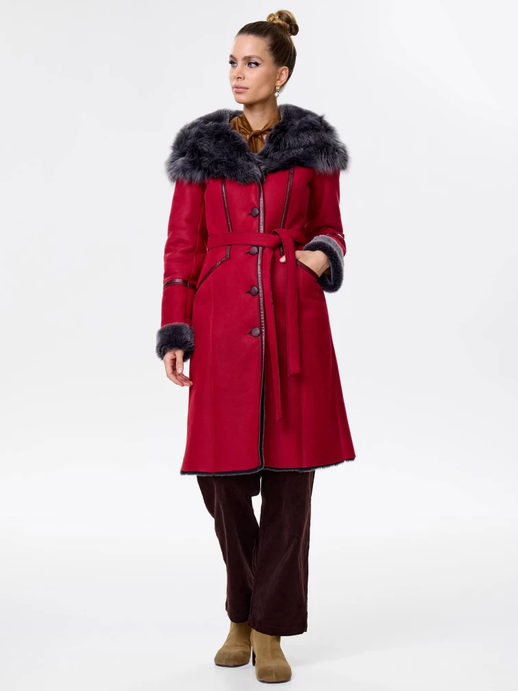 Женская дубленка с капюшоном из тосканы 263, красная, размер 44, артикул 61931-5