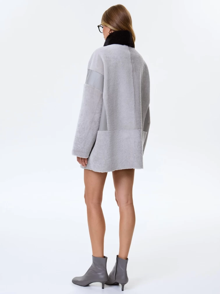 Женское полупальто с норковым воротником из натуральной овчины премиум класса 2057, серое, размер 44, артикул 64500-6