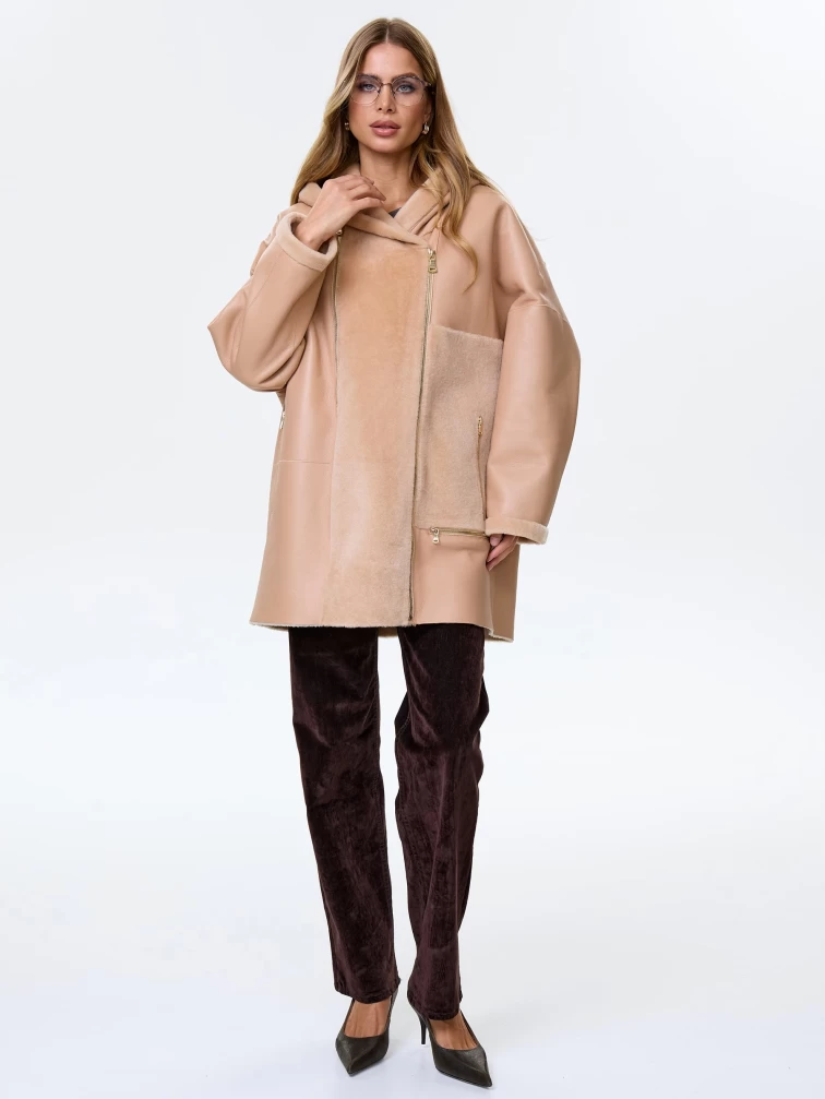 Молодежное полупальто из натуральной овчины для женщин с капюшоном премиум класса 2056, бежевое, размер 52, артикул 64350-0