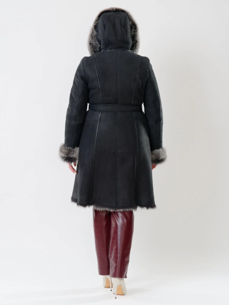 Длинная женская дубленка из тосканы с капюшоном 123нк, черная, размер 52, артикул 61132-6