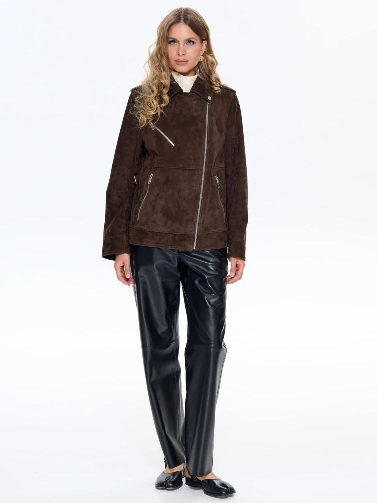 Замшевая женская куртка косуха премиум класса 3079з, коричневая, размер 42, артикул 24700-4
