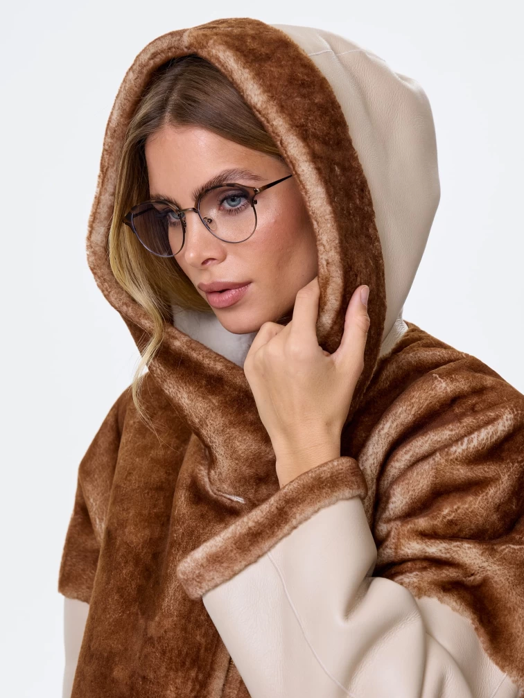 Женское полупальто с капюшоном из натуральной овчины астрагана премиум класса 2058, бежевое, размер 52, артикул 64360-3