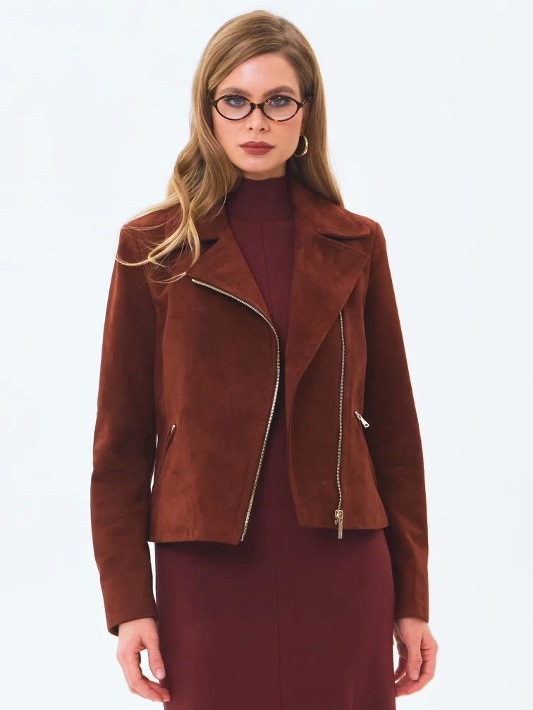 Короткая женская замшевая куртка косуха премиум класса 3095з, табачная, размер 46, артикул 24450-0
