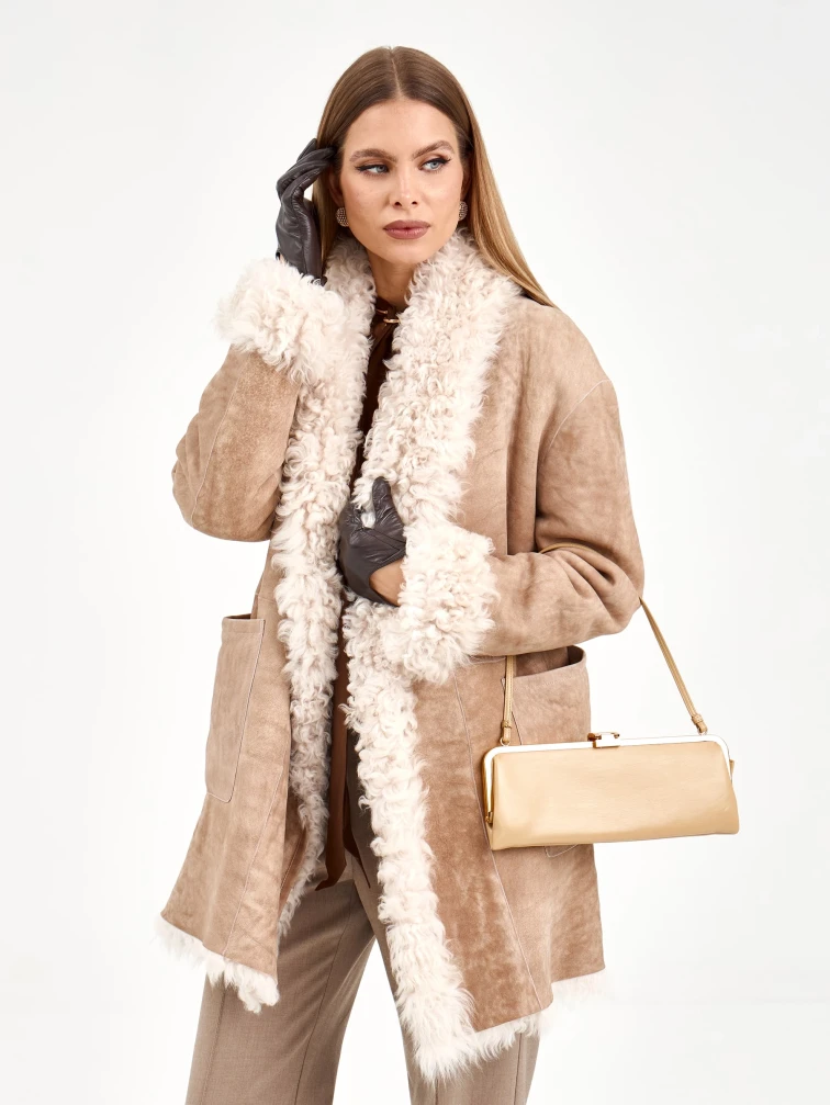 Короткая женская дубленка из тиградо 2078, бежевая, размер 44, артикул 65270-0