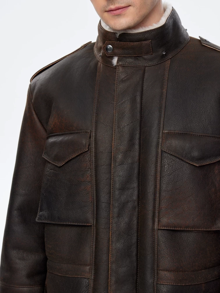 Дубленка мужская с капюшоном премиум класса 433, коричневая, размер 48, артикул 70751-2