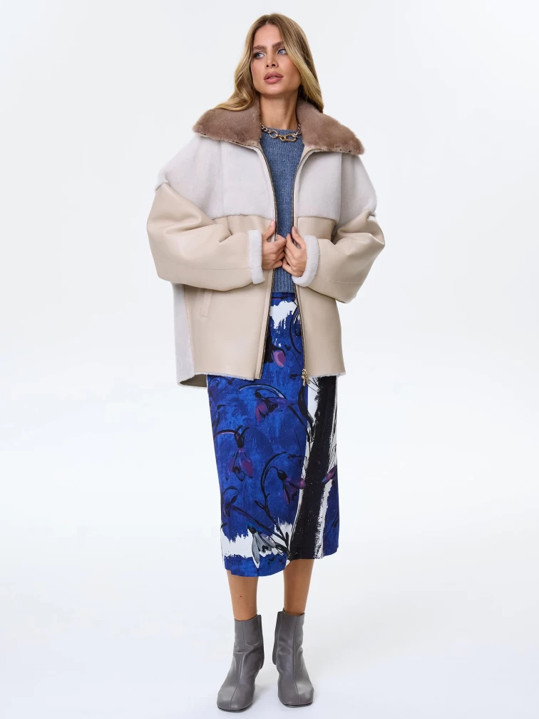 Женское полупальто из натуральной овчины с норковым воротником премиум класса 2034, бежевое, размер 52, артикул 64400-1