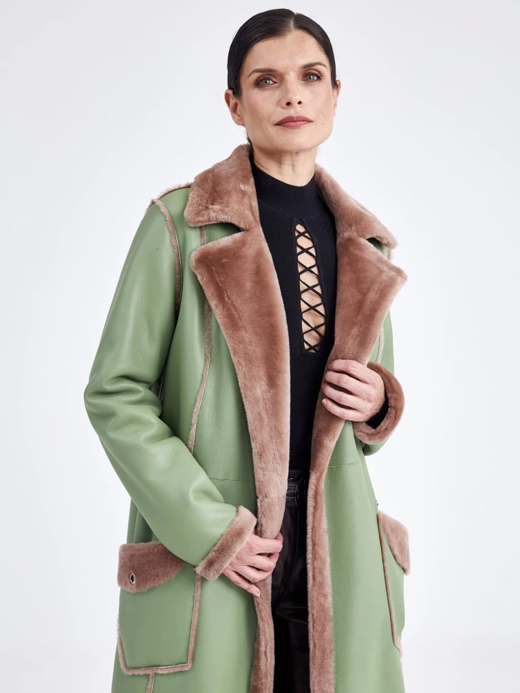 Длинная классическая женская дубленка премиум класса 2005, оливковая, размер 48, артикул 62560-3