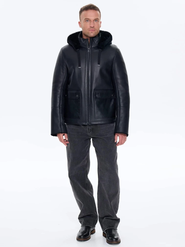 Короткая мужская дубленка с капюшоном премиум класса 441, черная, размер 48, артикул 41230-1