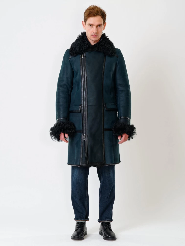 Длинная мужская дубленка с мехом тиградо премиум класса 424, синяя, размер 52, артикул 70310-3