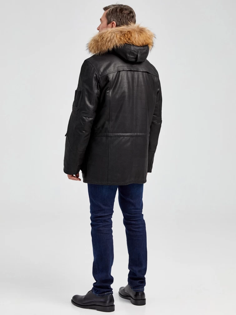 Утепленная мужская кожаная куртка аляска с мехом енота Алекс, черная DS, размер 52, артикул 40441-4
