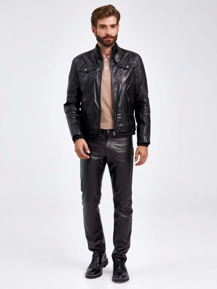 Мужская короткая кожаная куртка бомбер 2010-14, черная, размер 50, артикул 29280-1