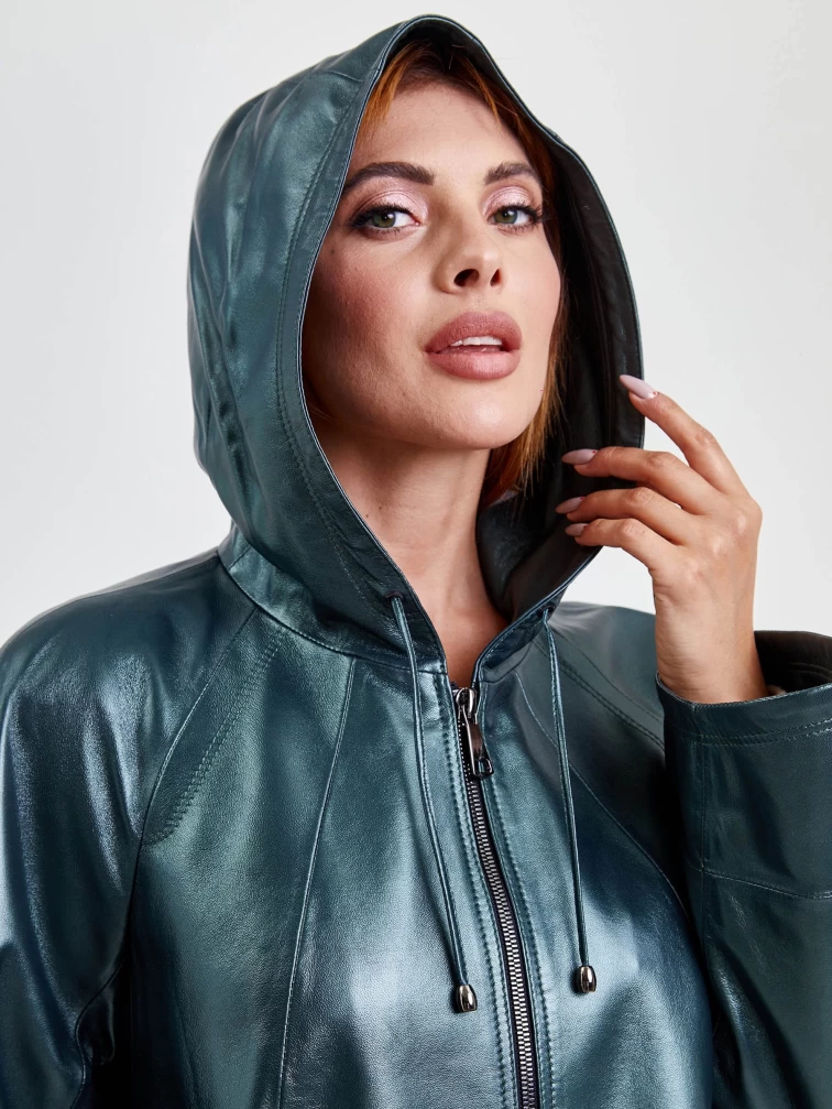 Кожаная женская куртка оверсайз с капюшоном 383, зеленая, размер 48, артикул 91791-3