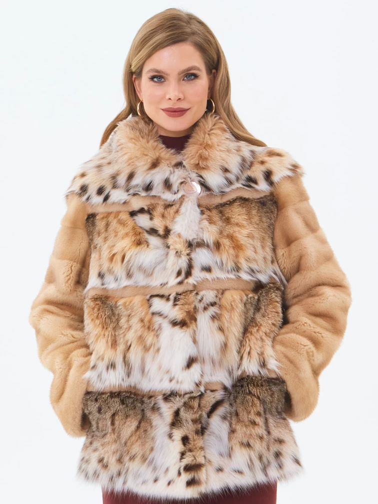 Женская шуба из рысевидной кошки с капюшоном премиум класса Мариана(к), бежевая, размер 46, артикул 34240-7