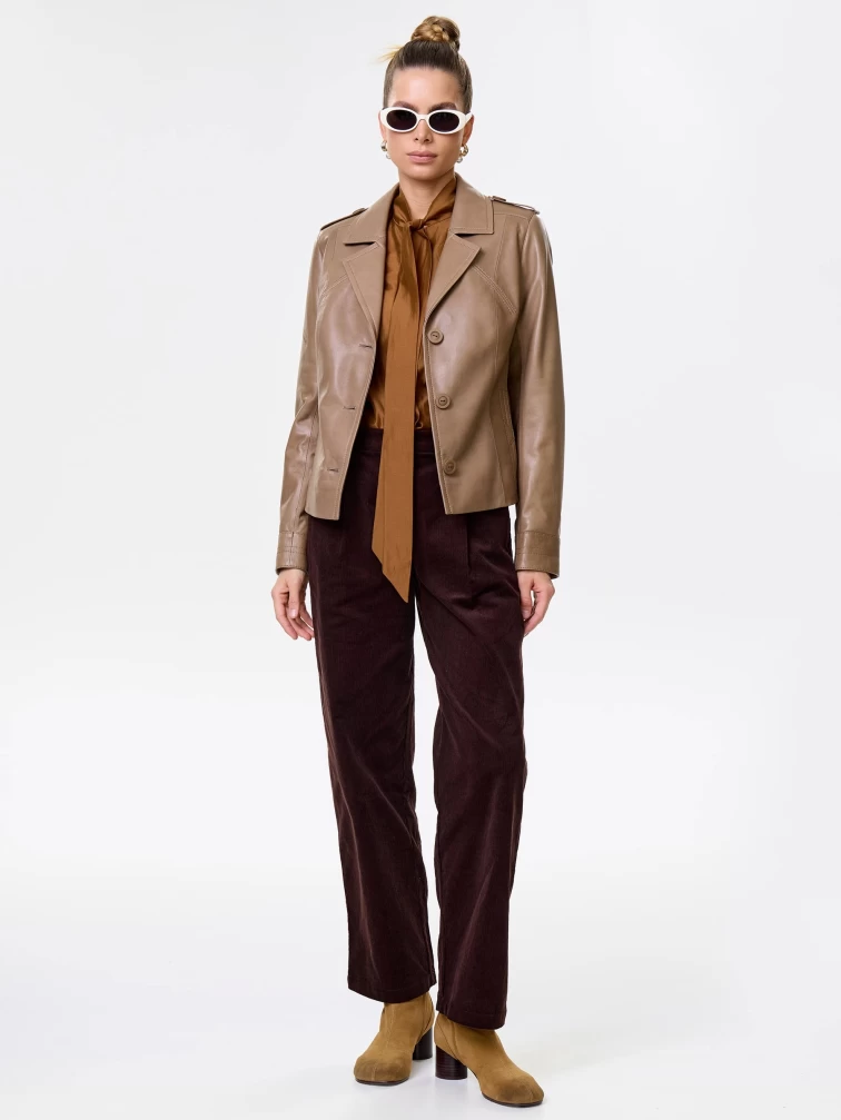 Короткая женская кожаная куртка пиджак 304, серо-коричневая, размер 46, артикул 90701-7