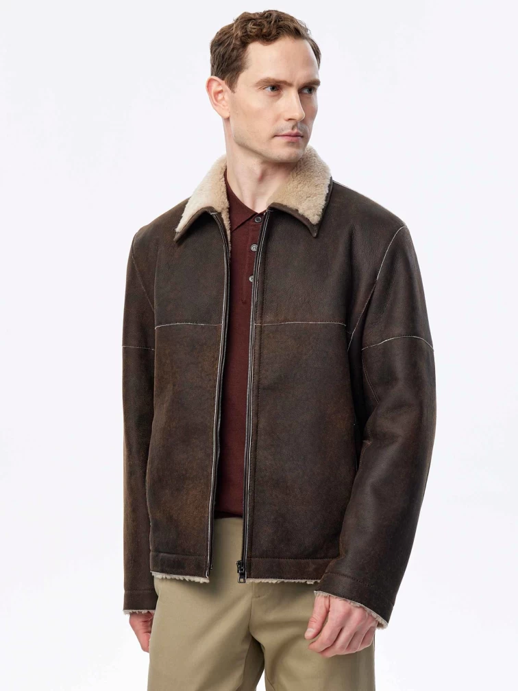 Короткая дубленка из овчины керли премиум класса для мужчин 140, коричневая, размер 52, артикул 71510-4