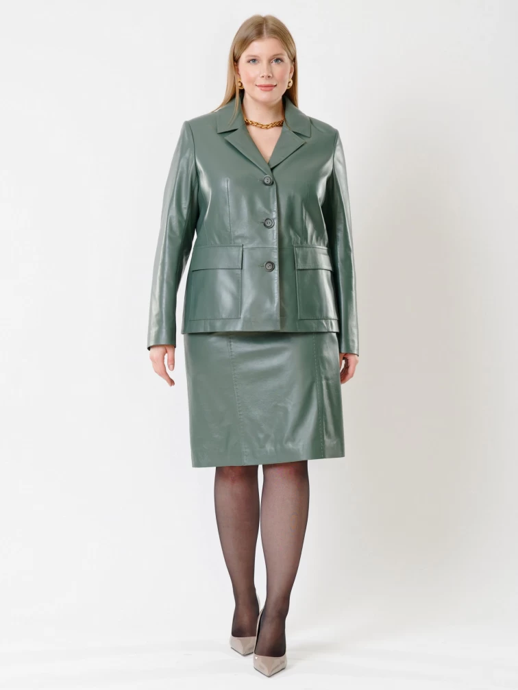 Кожаный костюм женский: Пиджак 3007 + Юбка-карандаш 02рс, оливковый, р. 46, арт. 111137-6