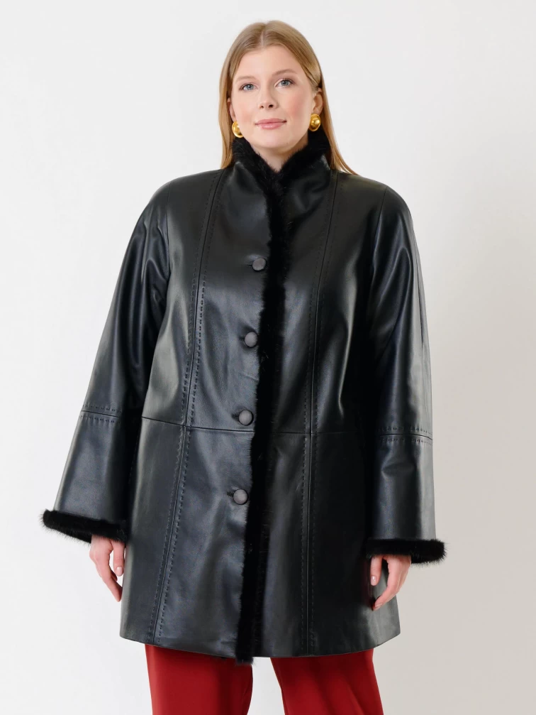 Утепленный женский кожаный плащ с норкой 312рс, черный, размер 44, артикул 23710-5