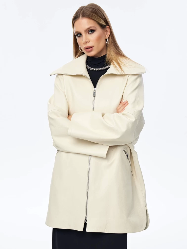 Кожаный плащ оверсайз на молнии для женщин премиум класса 3057, белый, размер 50, артикул 23530-0
