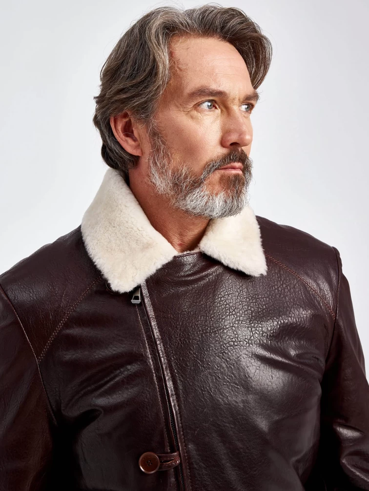 Зимняя мужская кожаная куртка на подкладке из овчины 5449, коричневая, размер 46, артикул 40620-4