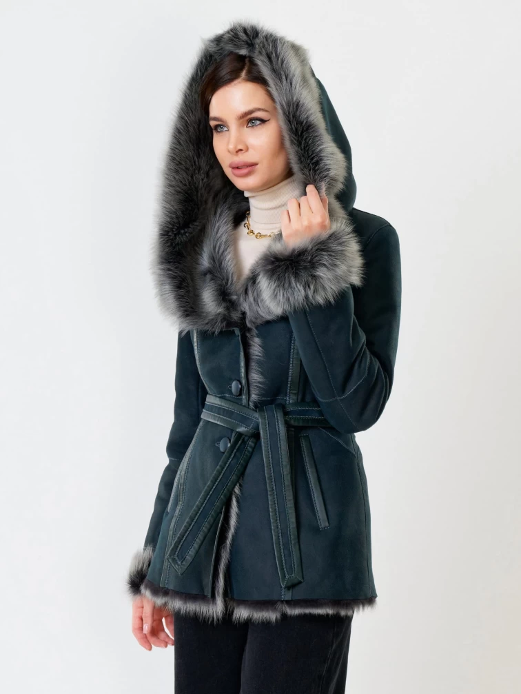 Короткая женская дубленка из тосканы с капюшоном 122, синяя, размер 40, артикул 61852-6