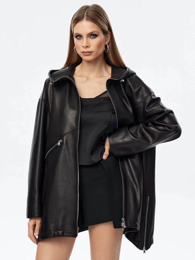 Кожаный плащ оверсайз с капюшоном для женщин премиум класса 3054, черный, размер 48, артикул 24000-4