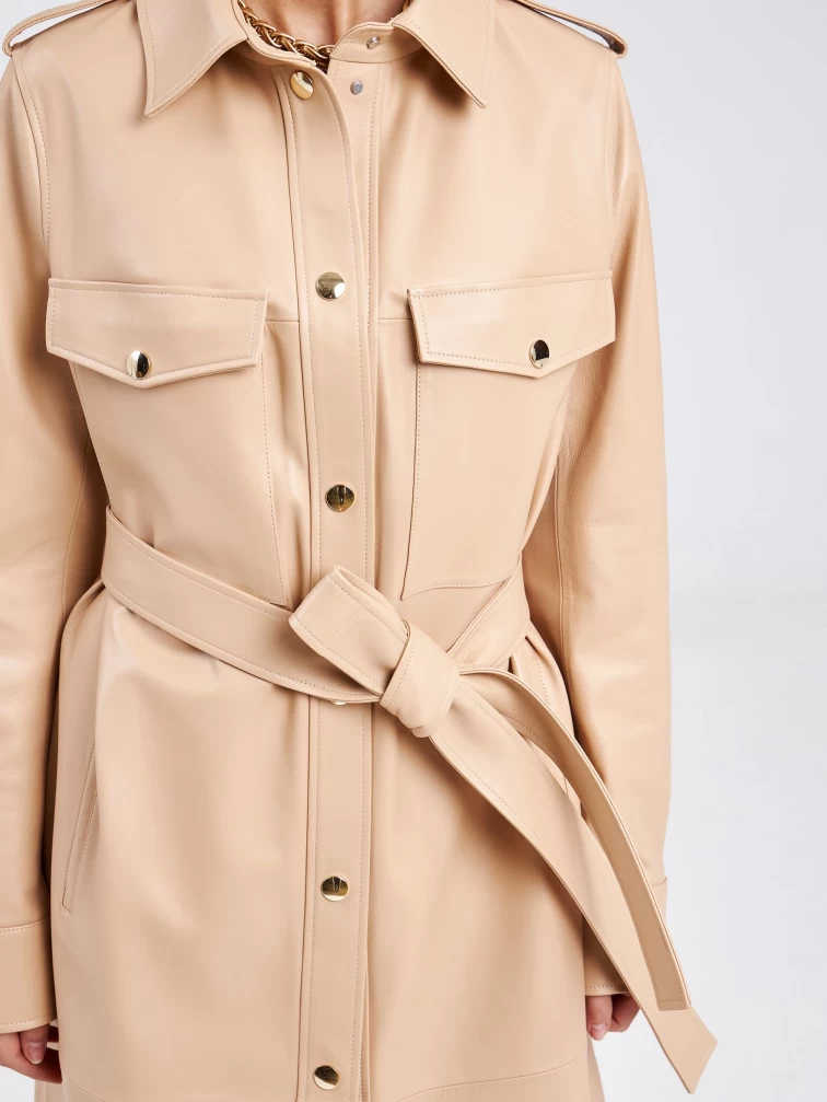 Кожаный женский плащ рубашка премиум класса 03, бежевый, размер 48, артикул 25720-2