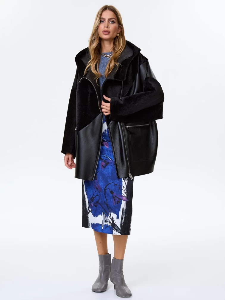 Женская дубленка оверсайз с капюшоном премиум класса 2055, черная, размер 50, артикул 62450-1