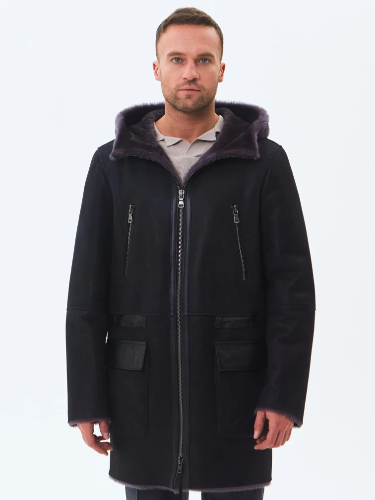 Длинная мужская дубленка с капюшоном премиум класса 429, черная, размер 48, артикул 71461-7