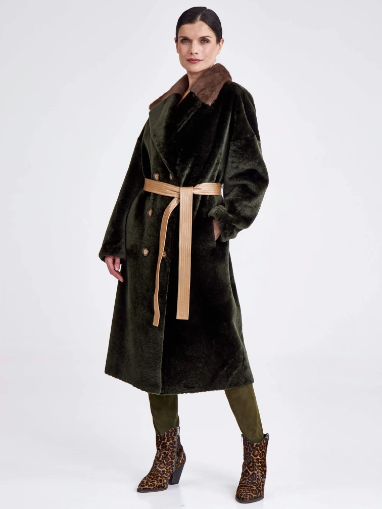 Двубортная двусторонняя женская дубленка из астрагана с мехом норки премиум класса 2017, хаки, размер 48, артикул 62751-0