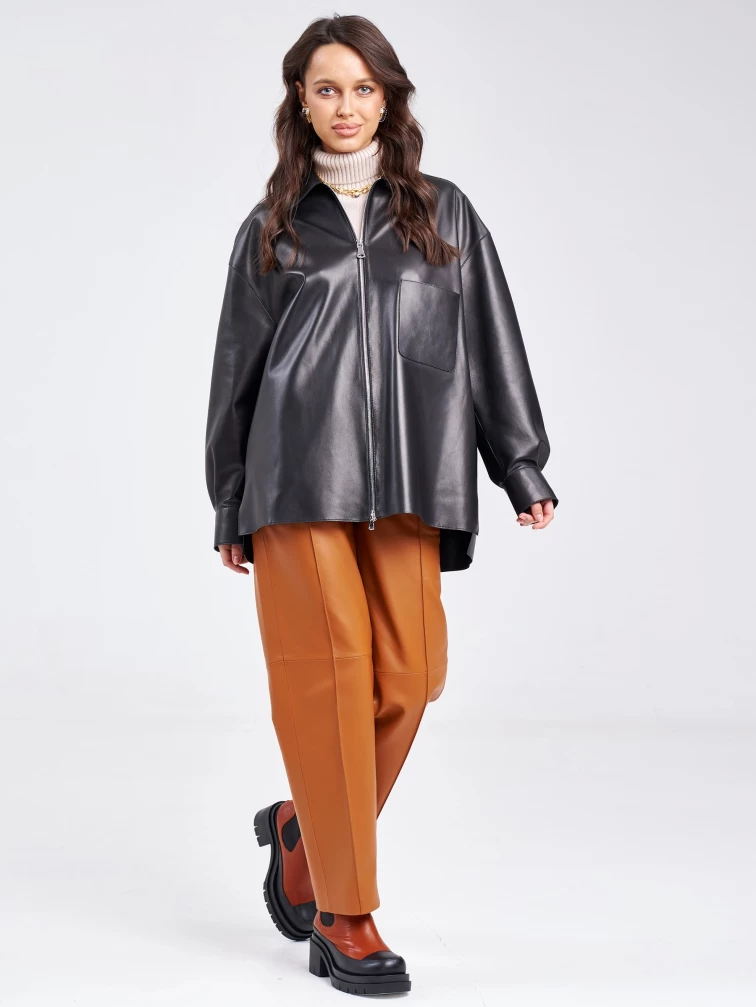 Кожаная женская рубашка на молнии из натуральной кожи премиум класса 03, черная, размер 44, артикул 23230-5