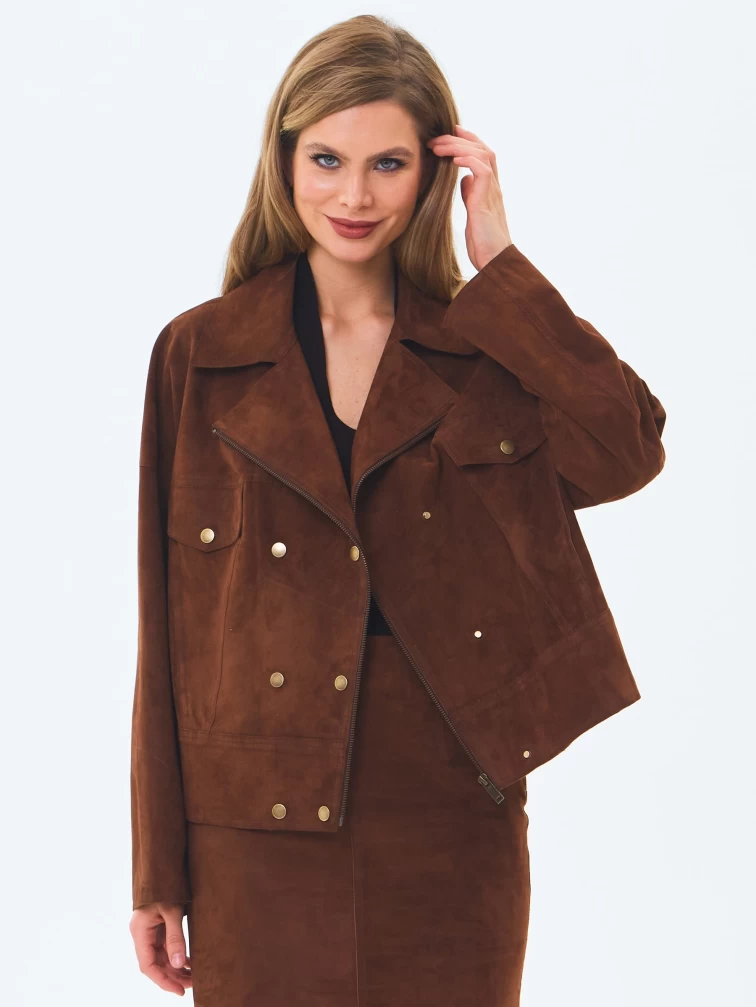 Короткая женская замшевая куртка косуха премиум класса 3085з, коньячная, размер 46, артикул 24620-0