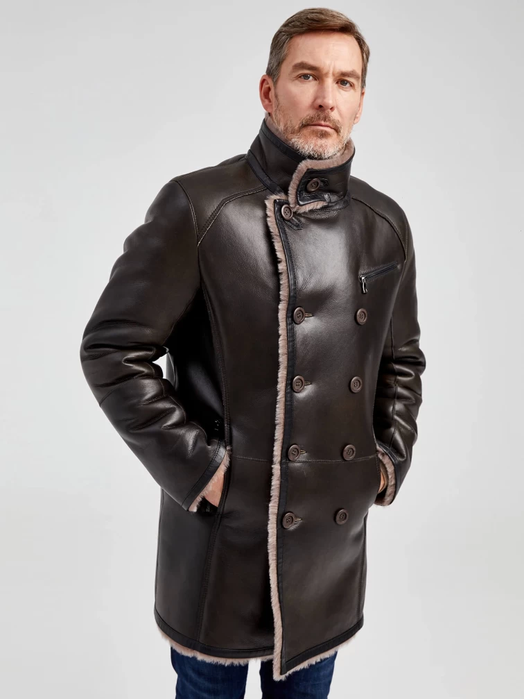 Классическая двубортная мужская дубленка 414, оливковая, размер 48, артикул 70801-5