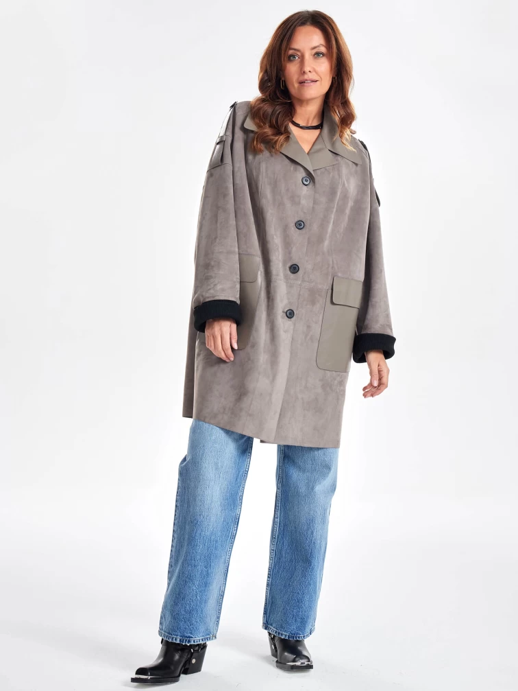 Женское короткое замшевое полупальто оверсайз премиум класса 3063з, серое, размер 48, артикул 64060-3