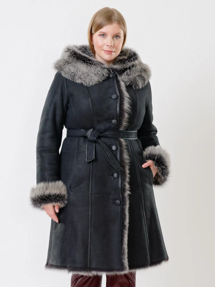 Длинная женская дубленка из тосканы с капюшоном 123нк, черная, размер 52, артикул 61132-2
