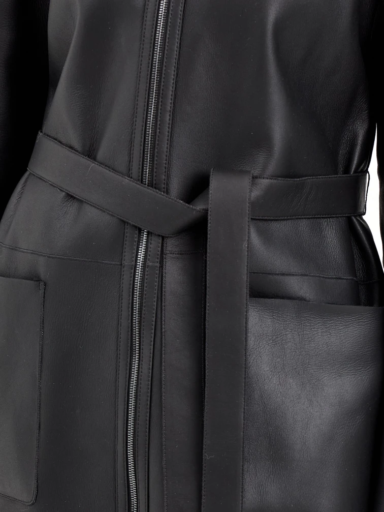 Длинная женская дубленка с капюшоном 2071, черная, размер 50, артикул 65060-6