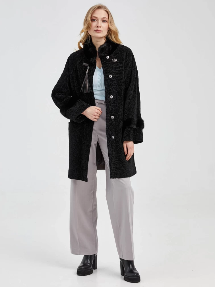 Шуба из астрагана с отделкой из меха норки для женщин 29мех, черная, размер 48, артикул 13590-3