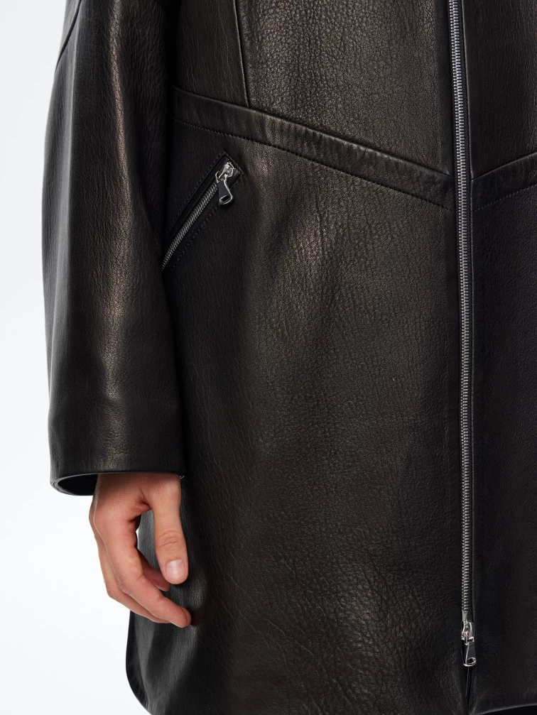 Кожаный плащ оверсайз на молнии для женщин премиум класса 3057, черный, размер 52, артикул 23520-3