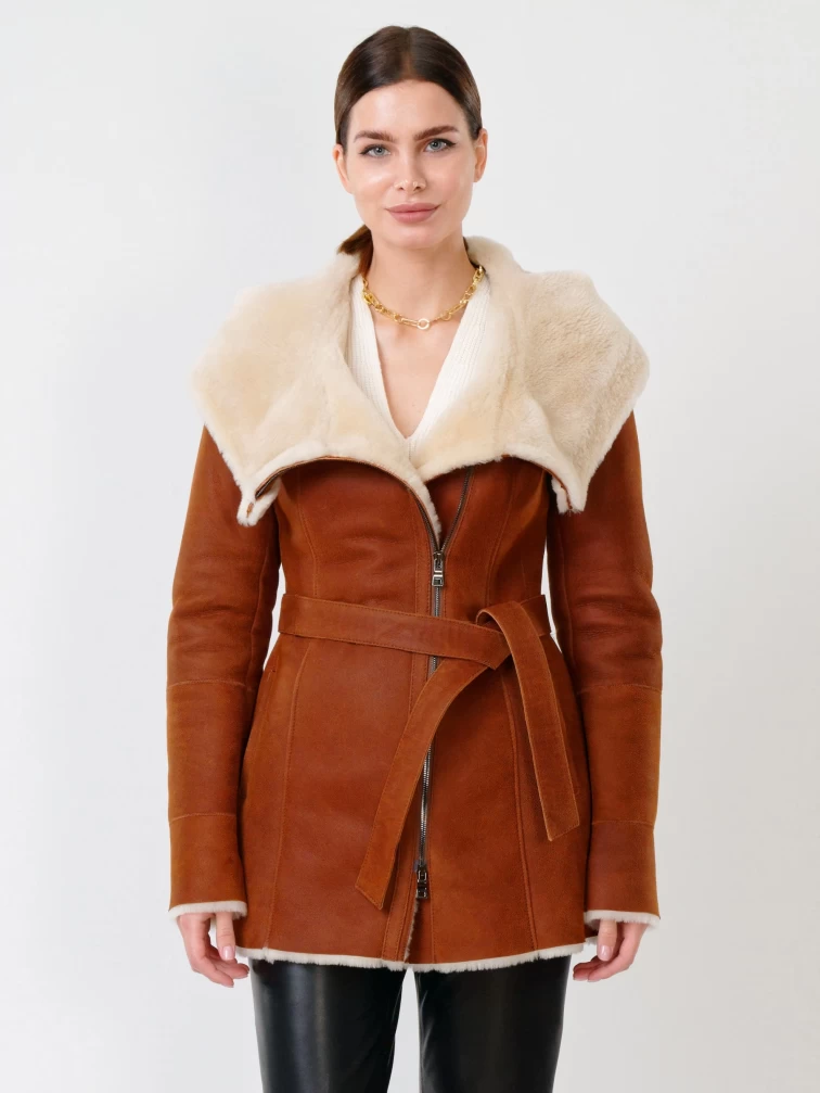 Короткая женская дубленка косуха с капюшоном 200, табачно-рыжая, размер 44, артикул 61701-0