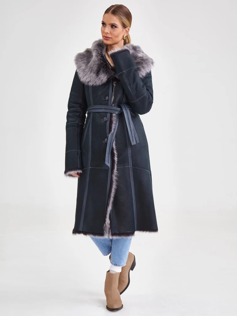 Женское пальто из натуральной овчины с капюшоном 132, синее, размер 44, артикул 64090-4