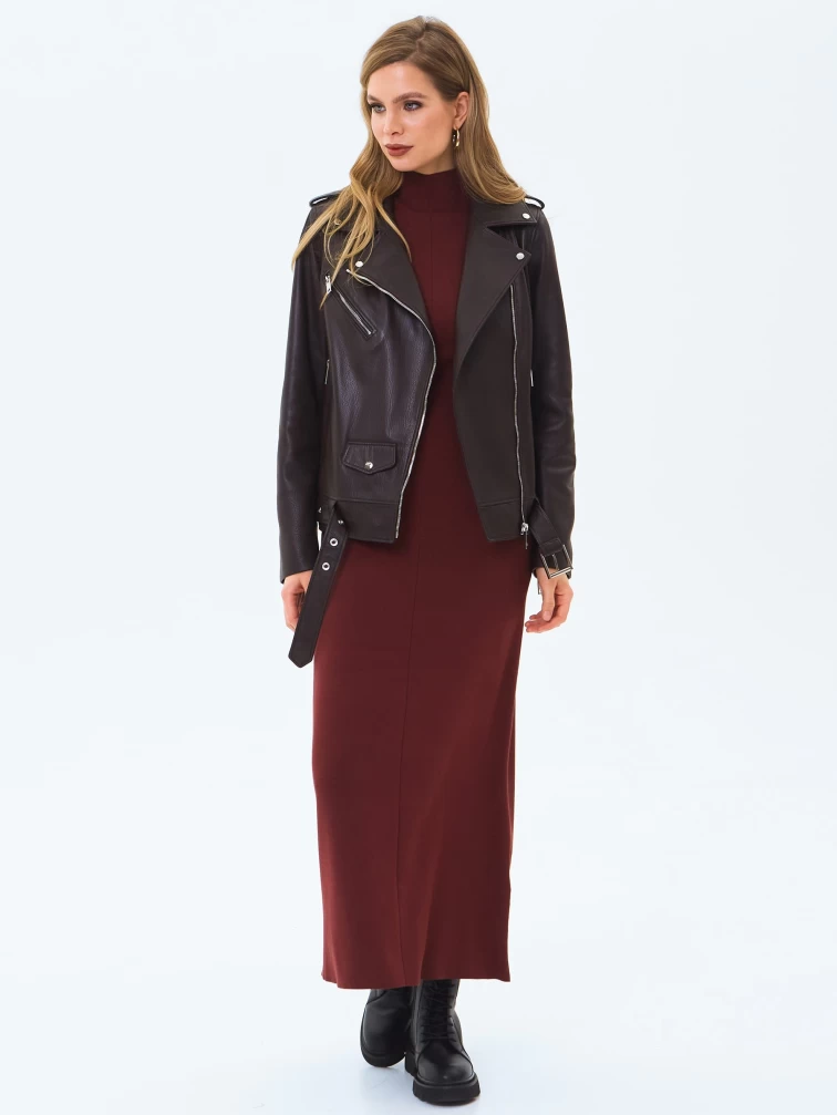 Кожаная женская куртка косуха с поясом премиум класса 3078, коричневая, размер 42, артикул 24580-6