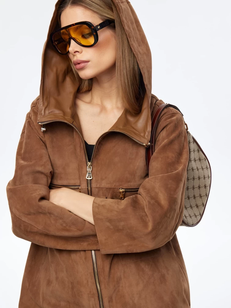 Длинный замшевый женский плащ оверсайз с капюшоном на молнии премиум класса 3058з, светло-коричневый, размер 52, артикул 23560-2