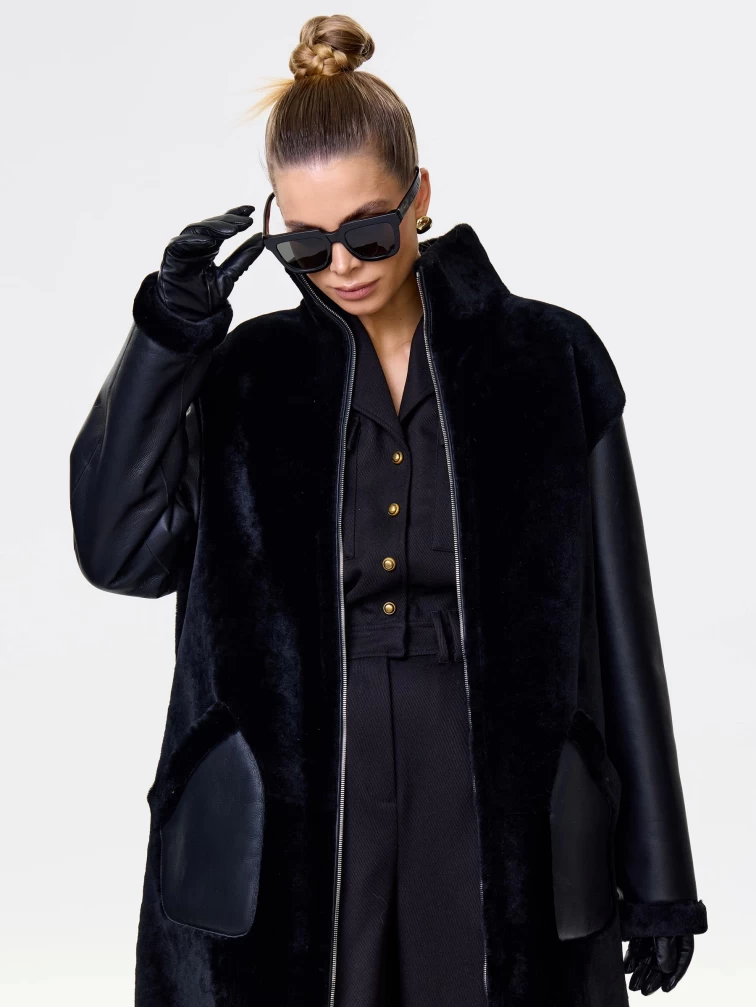 Длинная дубленка на молнии для женщин премиум класса 2050, черная, размер 50, артикул 62480-3