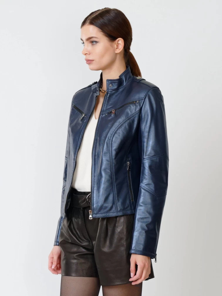 Кожаная куртка женская 399, синий перламутр, размер 46, артикул 90932-6