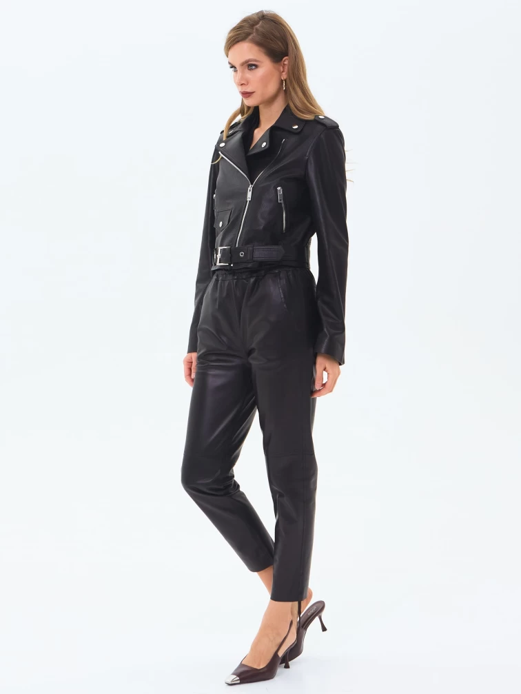 Кожаные прямые женские брюки из натуральной кожи 09, черные, размер 44, артикул 86010-3