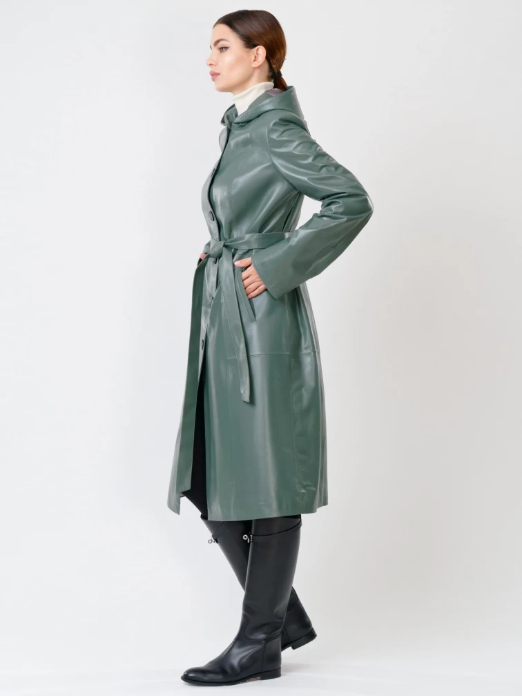 Кожаный женский утепленный плащ с капюшоном 380нш, размер 52, оливковый, артикул 91391-3