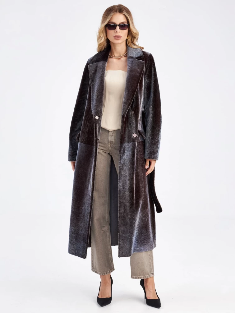 Длинная двусторонняя женская дубленка из астрагана с поясом премиум класса 2048, баклажановая, размер 50, артикул 63270-5