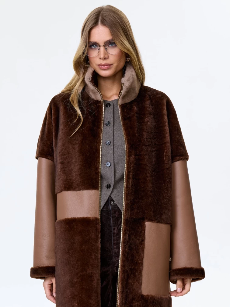 Стильная женская дубленка с норковым воротником премиум класса 2038, коричневая, размер 46, артикул 62440-0